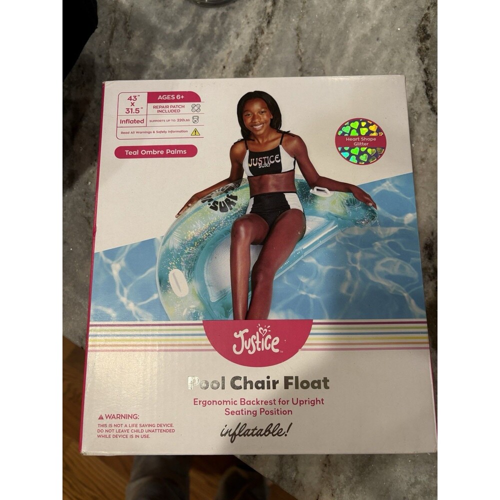 NEW Justice Inflatable Teal Ombre Palms Pool Chair Float 43" x 31.5"- Ages 6+